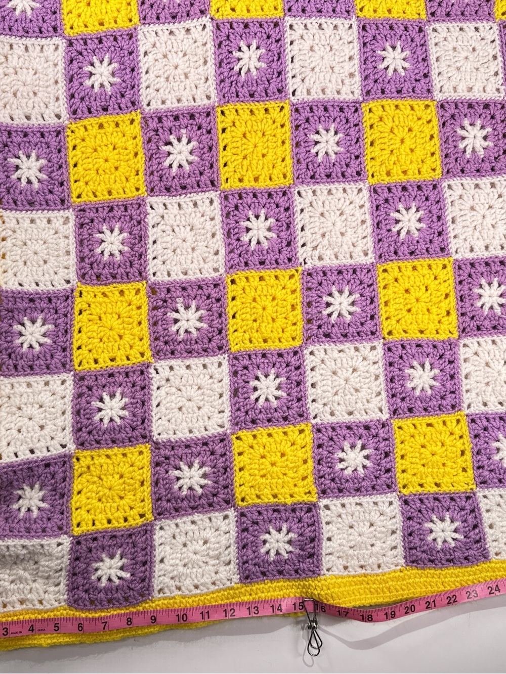 Handmade Vintage Granny Square Crochet Checkerboard Throw Purple Yellow 28x40 - Picture 9 of 9